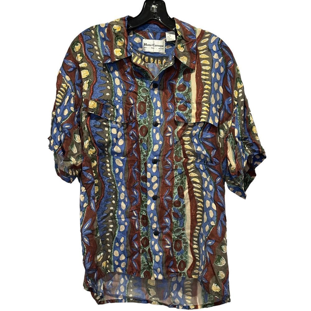 Hattie Carnegie Men's Button Front Shirt Vtg Multicolor Geometric Striped Silk M